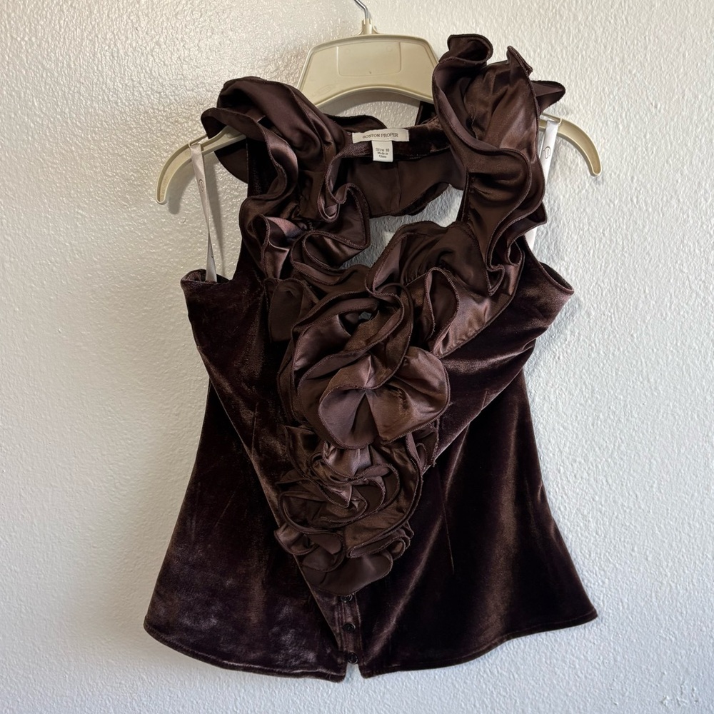 Boston Proper Size 10‎ Brown Velour Ruffle Halter Neck Top Formal Y2K Whimsigoth